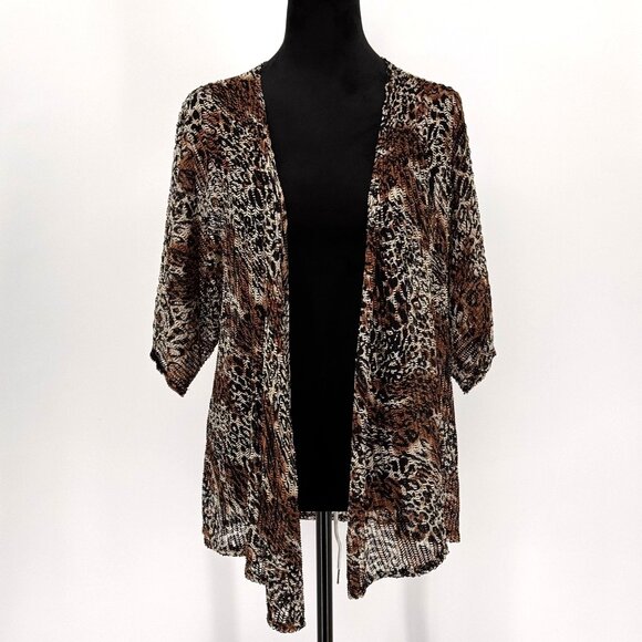 Vtg Chicos Animal Print Cardigan‎ Jacket Women M Asymmetrical Open Knit Sheer - Picture 1 of 6